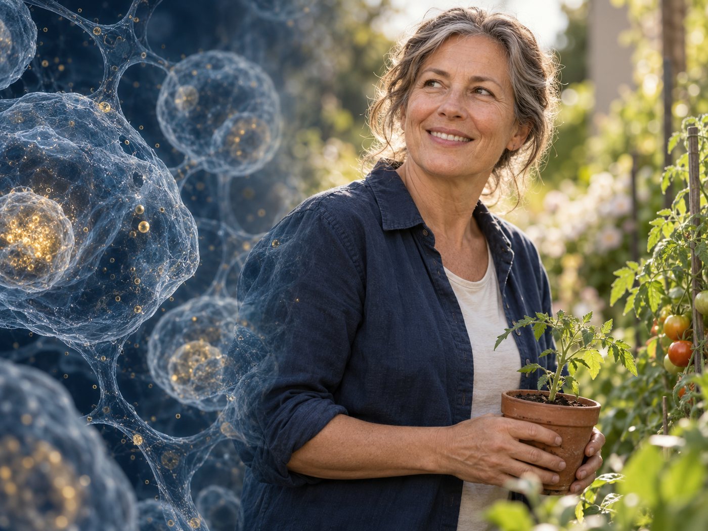 A woman in her fifties smiling in a garden with a potted tomato seedling, beside a magnified view of living cells