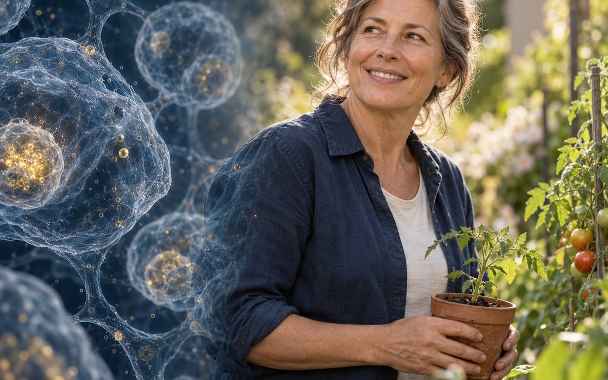 A garden of whole food growing in warm light